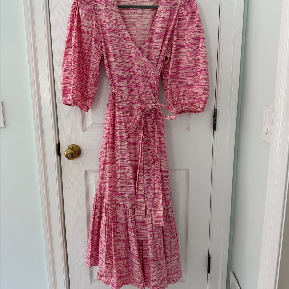 Olivia James Pink Wrap Midi Dress with Puff Sleeves